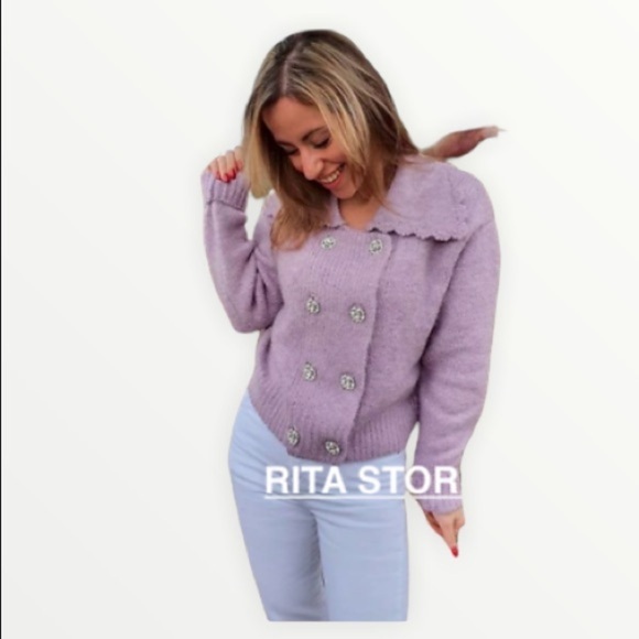 ZARA Lilac Lavender Rhinestone Button Front Sweater, Size Medium - Picture 5 of 10